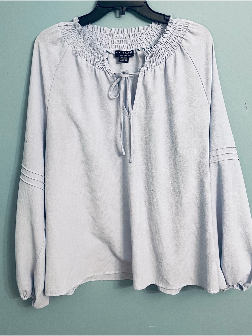 Smocked Neck Light Blue Peasant Blouse with Tie